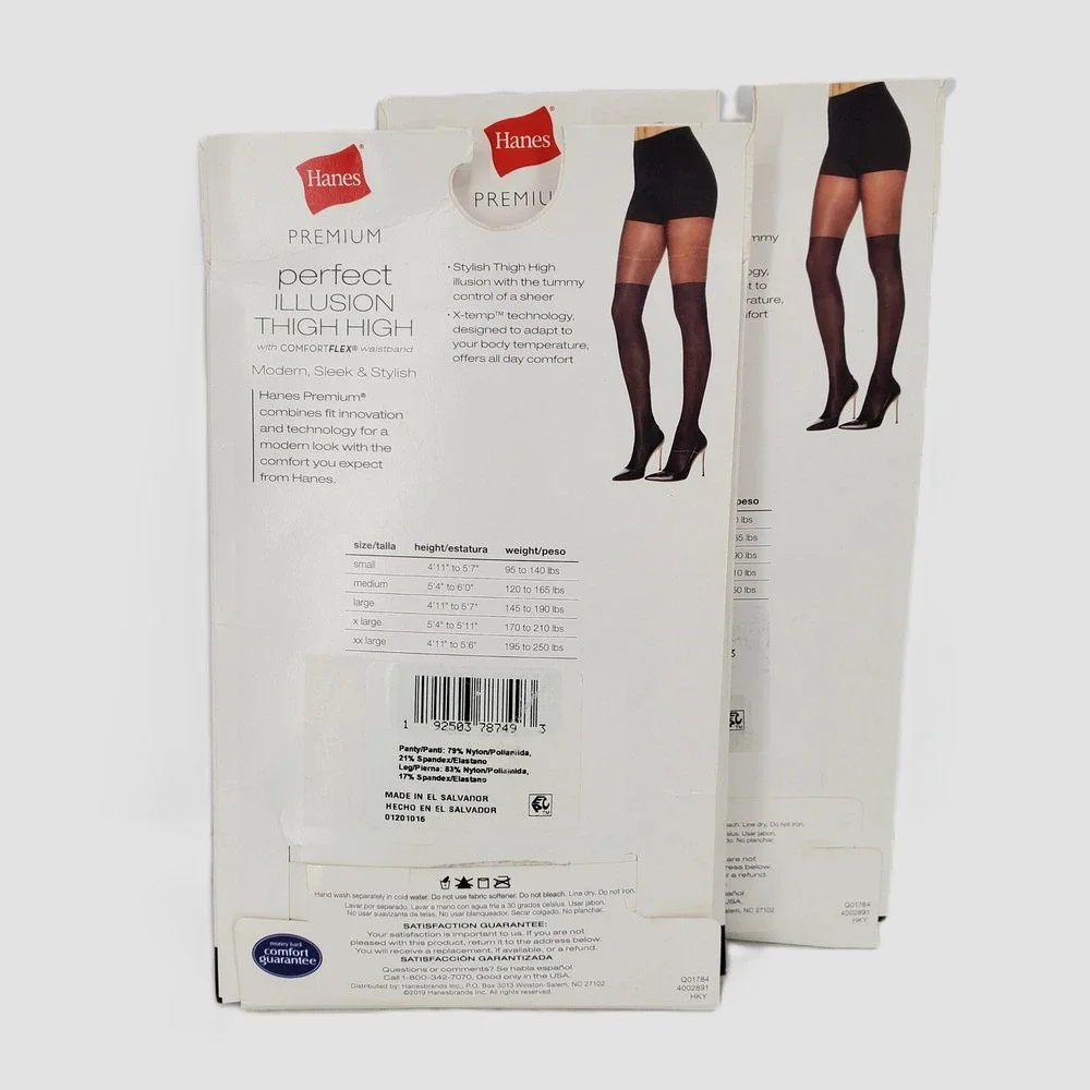 Hanes Women Small Premium Perfect Illusion Thigh High Tights 2pk Black 40 Denier